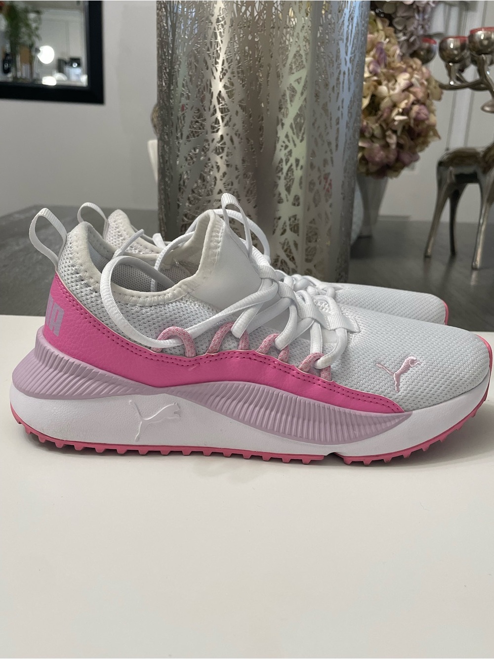 Puma Flyer Flex Running Shoes White Pink Girls Kids Size US 4